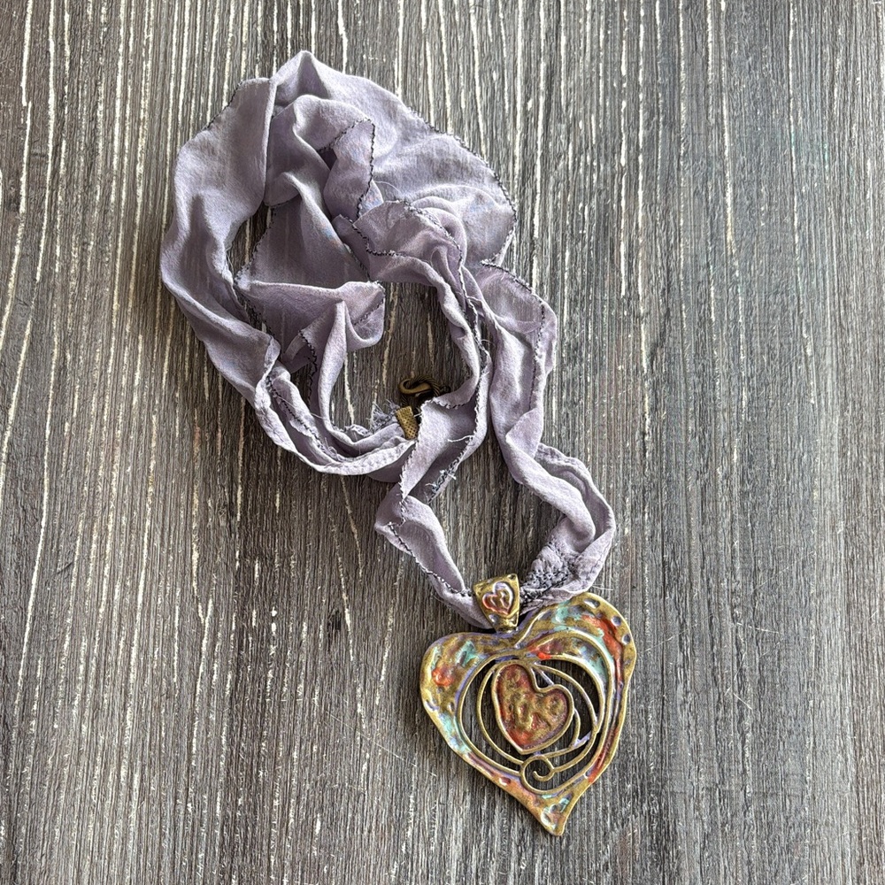 Bohemian Heart Pendant Necklace with purple silk fabric necklace